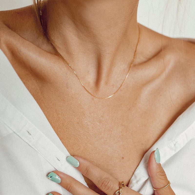 Tewiky Gold Chain Necklace for Women, 14k Gold Plated Thin Beaded Wave Box Chain Necklace Dainty Gold Necklace Simple Layered Gold Choker Necklaces Minimalist Gold Link Chain Necklace Trendy Jewelry for Women - Image 2